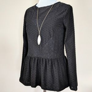 Black Lace Peplum Long Sleeved Blouse